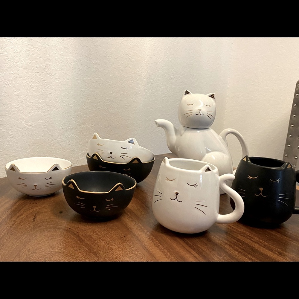 Hand painted, real porcelain cat tea and bowl set. Brand new, never used!